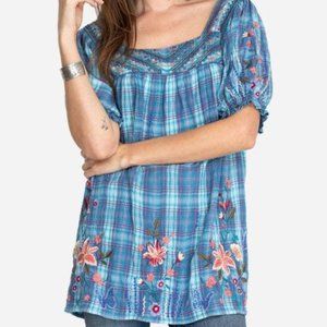 NWT JOHNNY WAS Aimee Puff Sleeve Peasant Top Shirt Blue Extra Small XS